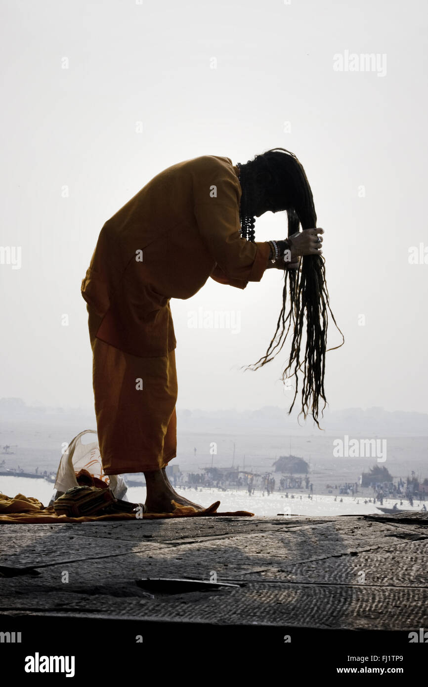 Sadhu on a ghat of Varanasi , India Stock Photo