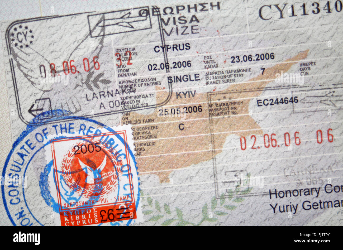Page of passport with Cyprus visa and stamps Stock Photo
