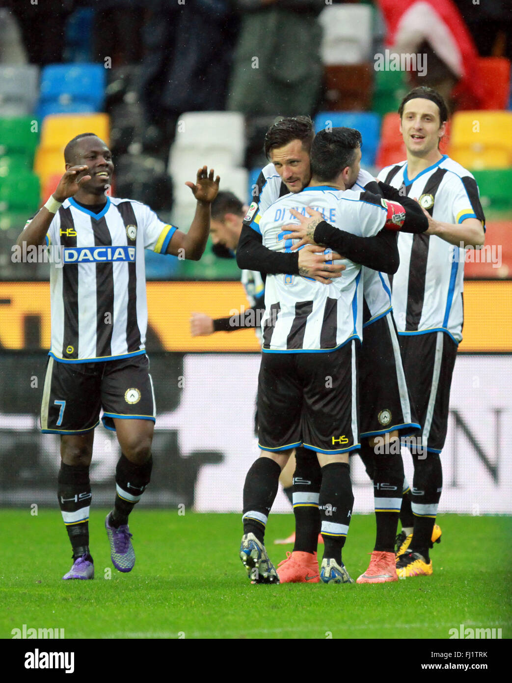 Udine, Italy. 28th Feb, 2016. Udinese's forward Cyril Thereau (R) celebrates after scoring a goal 2-0 with teammates Udinese's forward Antonio Di Natale and Udinese's midfielder Emmanuel Agyemang Badu (L) during the Italian Serie A football match between Udinese Calcio v Hellas Verona FC. Udinese beats 2-0 Hellas Verona in Italian Serie A football match, goals by Badu and Thereau at Dacia Arena in Udine. (Phoyo by Andrea Spinelli/Pacific Press) Credit:  PACIFIC PRESS/Alamy Live News Stock Photo