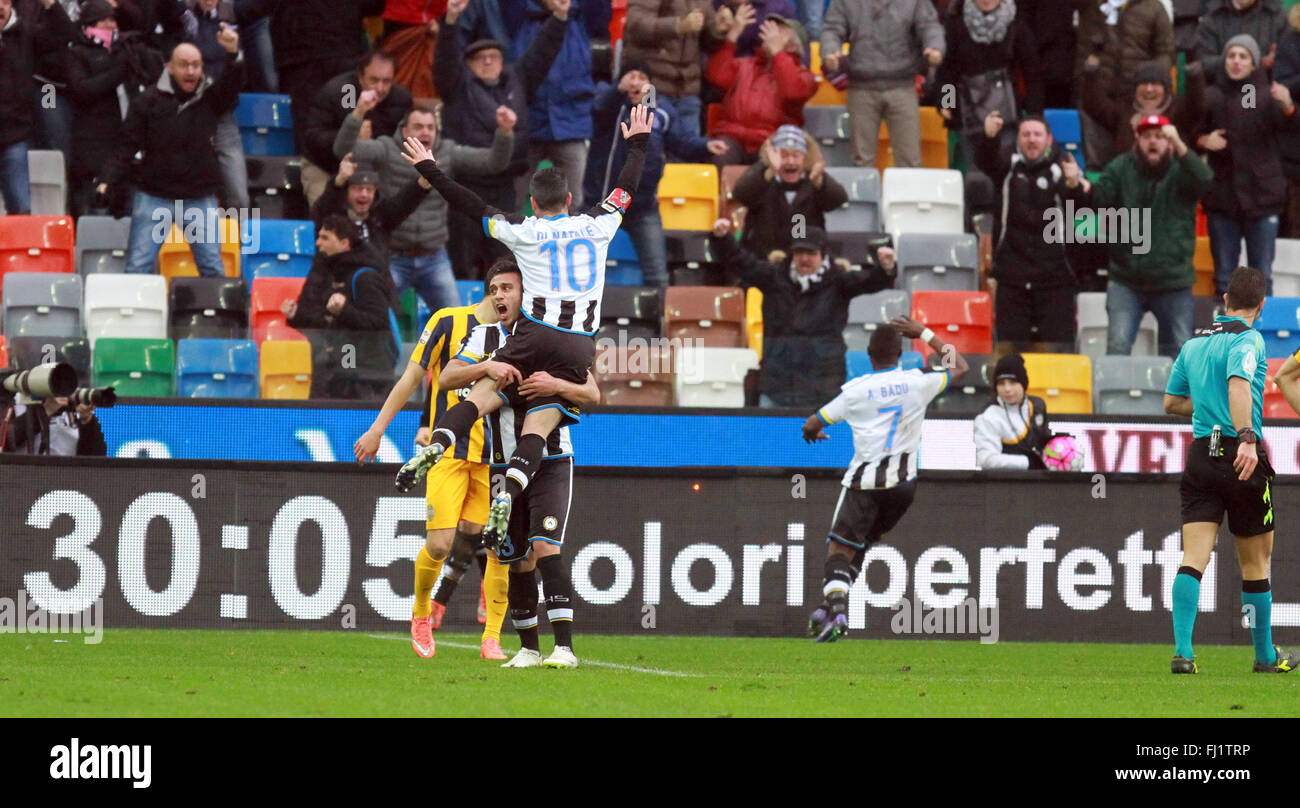 Udine, Italy. 28th Feb, 2016. Udinese's forward Antonio Di Natale celebrates wit Udinese's defender Ali Adnan Kadhim after goal by Udinese's midfielder Emmanuel Agyemang Badu 1-0 after scoring a goalduring the Italian Serie A football match between Udinese Calcio v Hellas Verona FC. Udinese beats 2-0 Hellas Verona in Italian Serie A football match, goals by Badu and Thereau at Dacia Arena in Udine. (Phoyo by Andrea Spinelli/Pacific Press) Credit:  PACIFIC PRESS/Alamy Live News Stock Photo