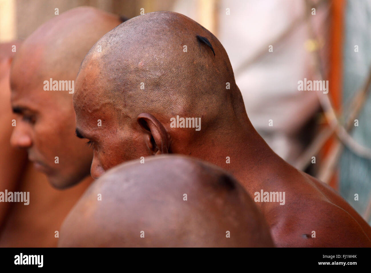 Bald shaved Hindu pilgrims heads on a ghat of Varanasi, India Stock Photo