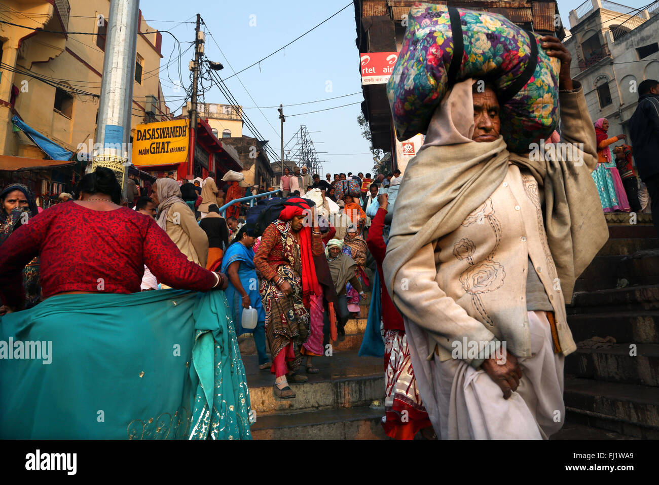 Crowd / people on Dashashwamedh Ghat (main ghat) , Varanasi , India Stock Photo