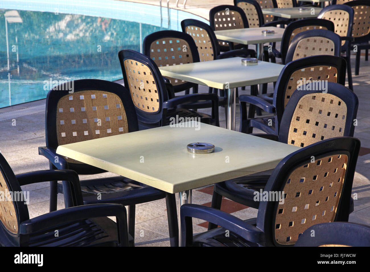 Details of outdoor hotel restaurant at Mediterranean resort Stock Photo