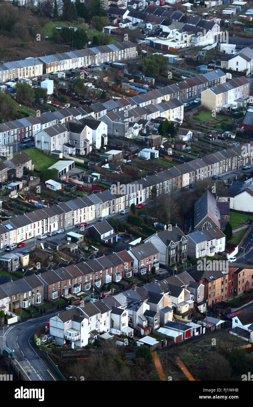 Aerial view of typical terraced cottages in Treherbert, Rhondda Fawr valley, Mid Glamorgan, Wales, United Kingdom Stock Photo