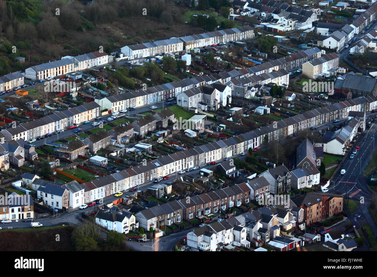 Aerial view of typical terraced cottages in Treherbert, Rhondda Fawr valley, Mid Glamorgan, Wales, United Kingdom Stock Photo