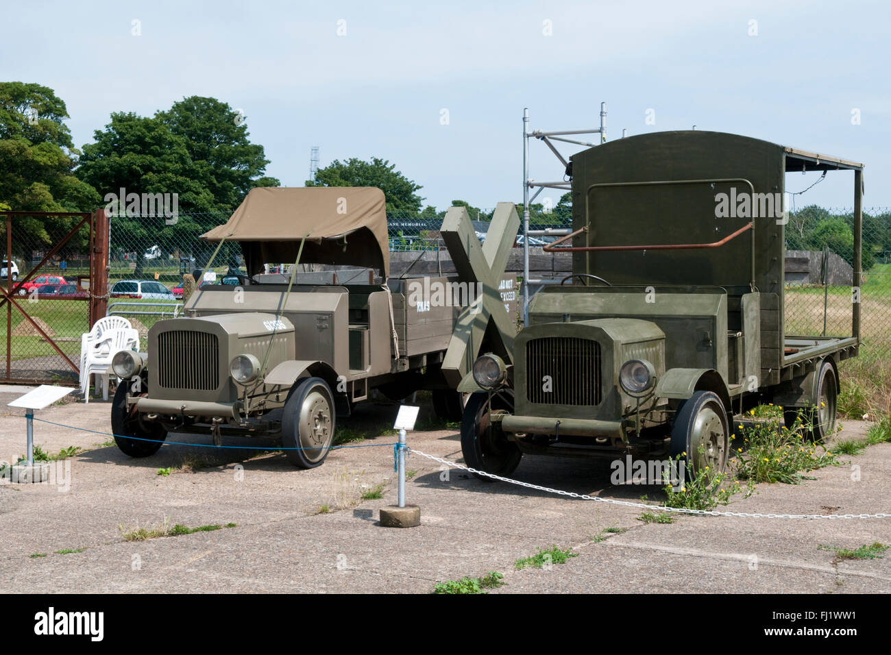 Two replica WW1 lorries. The one on the right was built for the film Fly Boys and used in the film War Horse Stock Photo