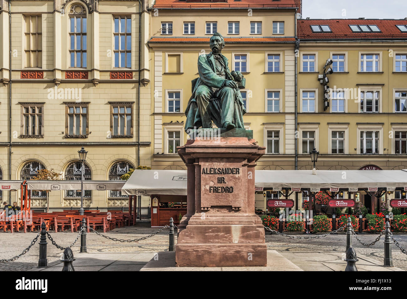 The statue of Alexander Fredro is located on the south side of the Rynek marketplace, Wroclaw, Poland, Europe Stock Photo