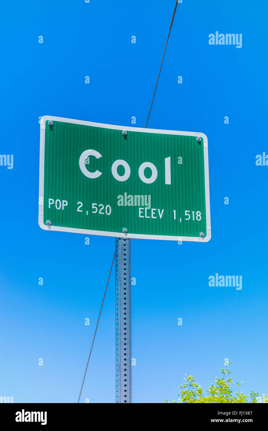 Sign at entrance for town of Cool, California with population of 2,520 and an elevation of 1,518. Stock Photo