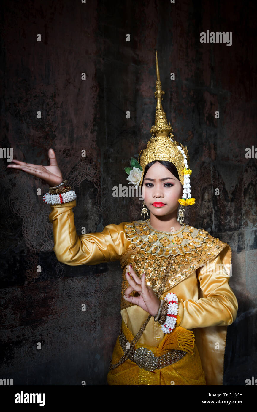 Woman dressed in Apsara in Angkor Vat , Cambodia Stock Photo