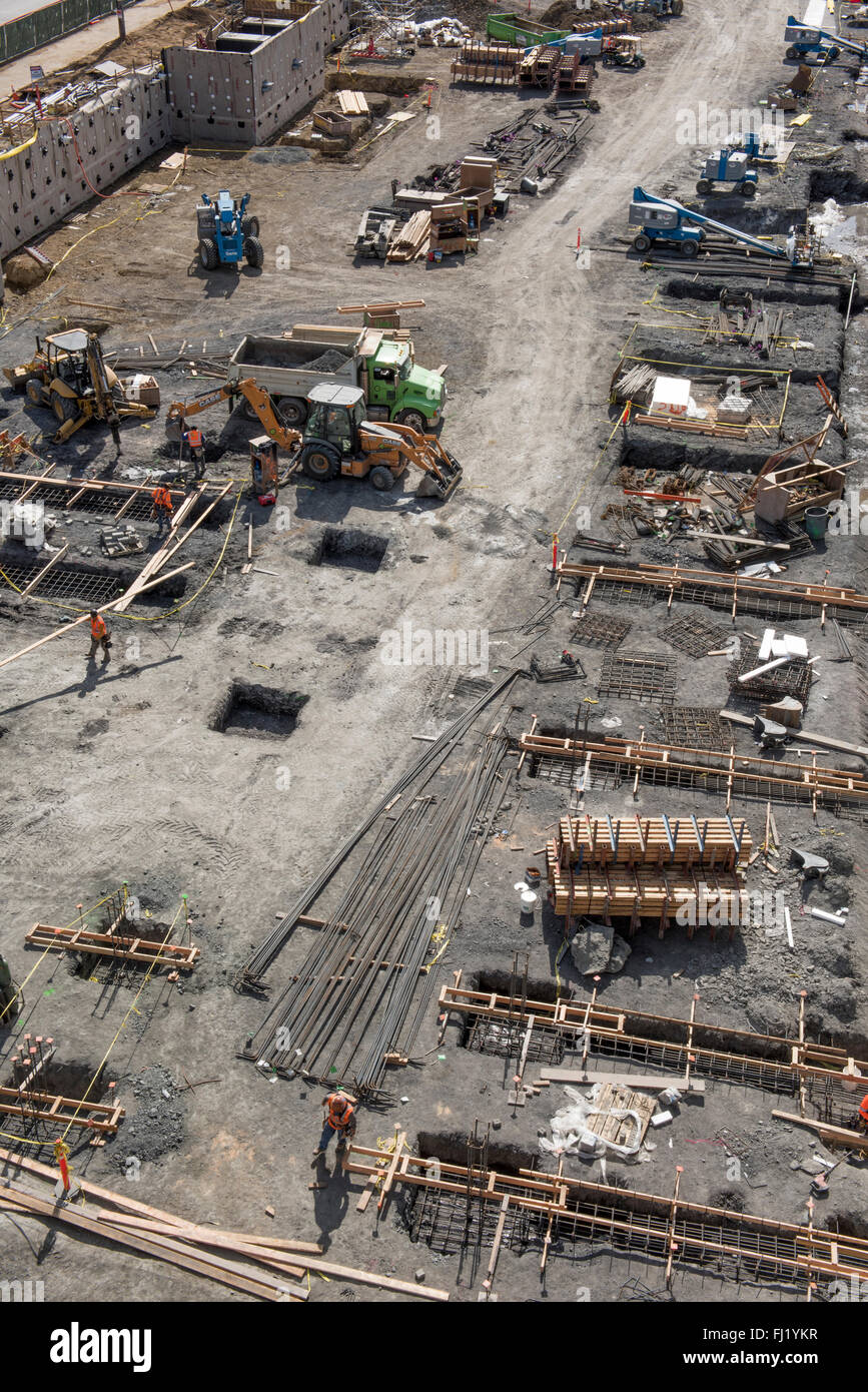 Overhead view of construction site during early stages of construction