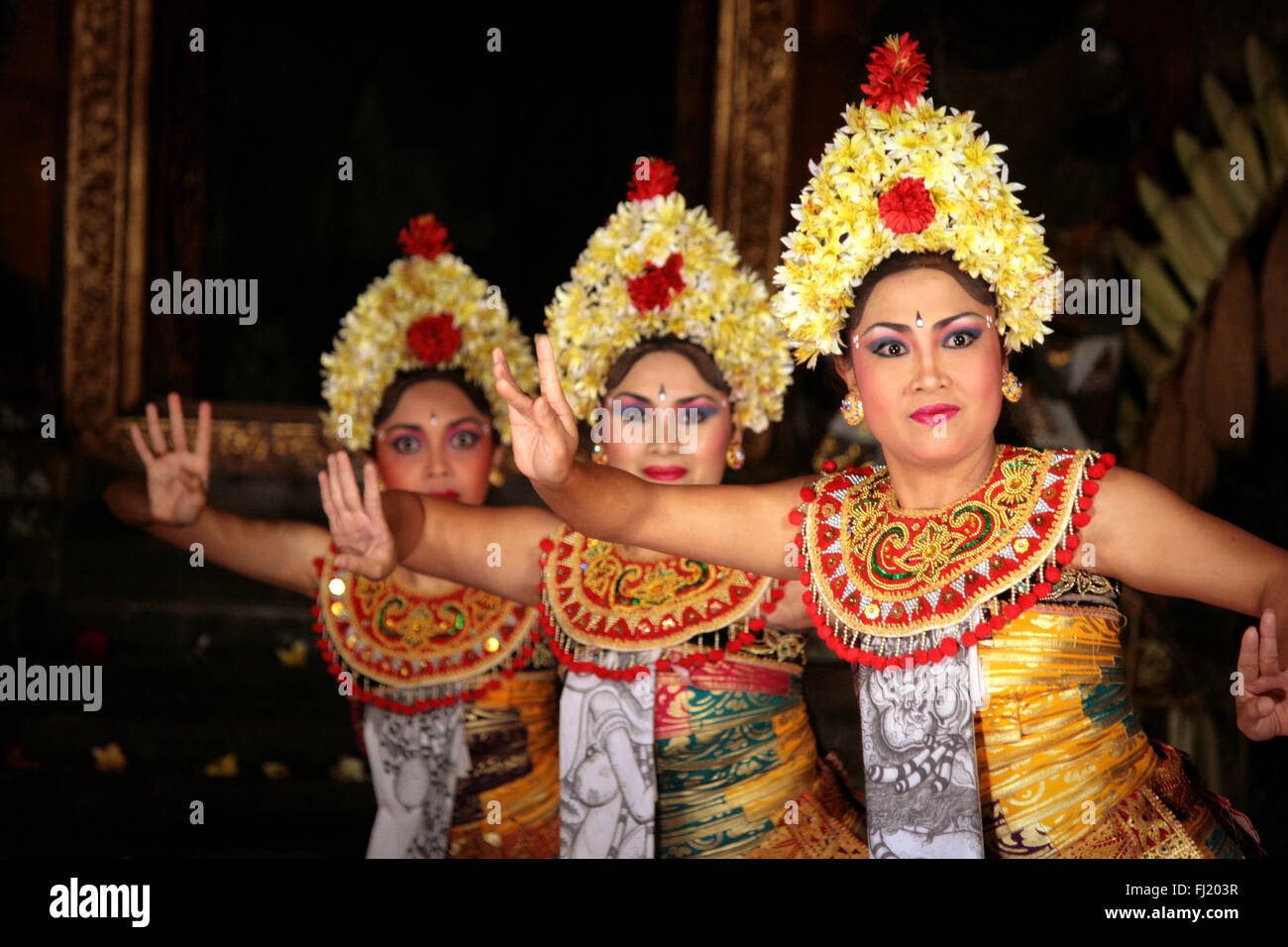 A barong dance performance at outdoor theater at night in Ubud, Bali, Indonesia Stock Photo