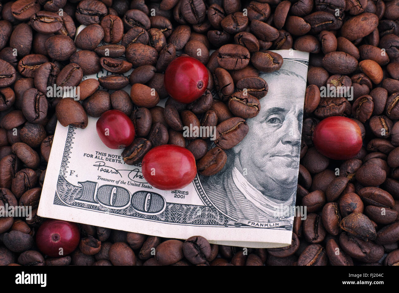 Roasted and raw red coffee beans on one hundred dollar bill. Price of