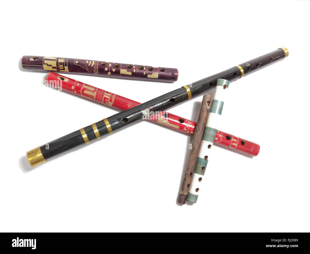 a collection of folk flutes Stock Photo