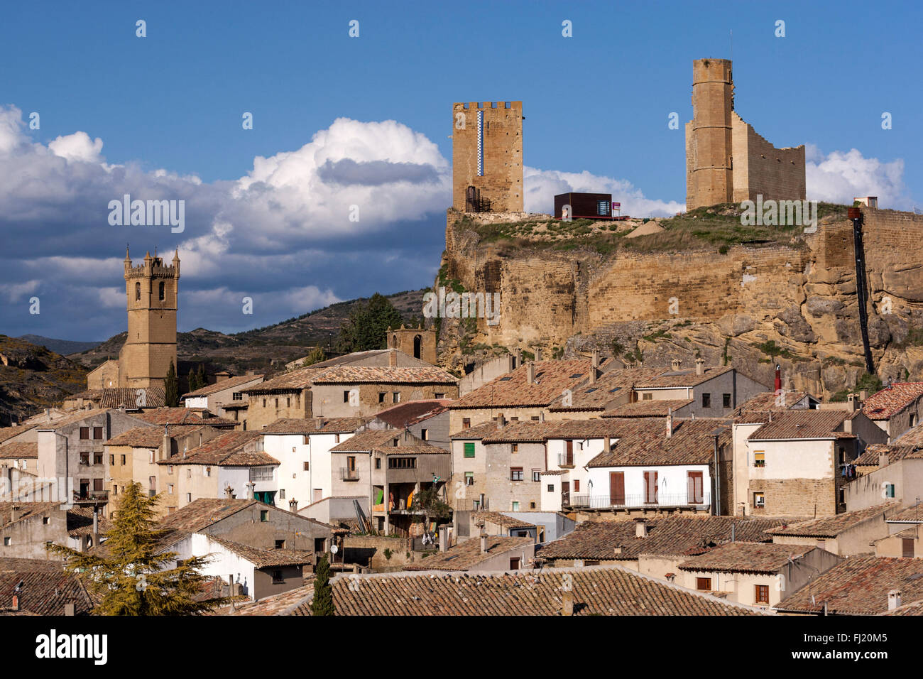 View of Uncastillo and castle, Cinco Villas, Zaragoza Province, Aragon, Spain Stock Photo