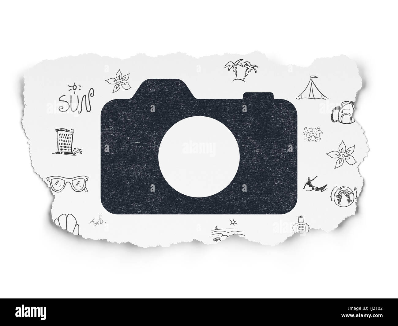 Tourism concept: Photo Camera on Torn Paper background Stock Photo
