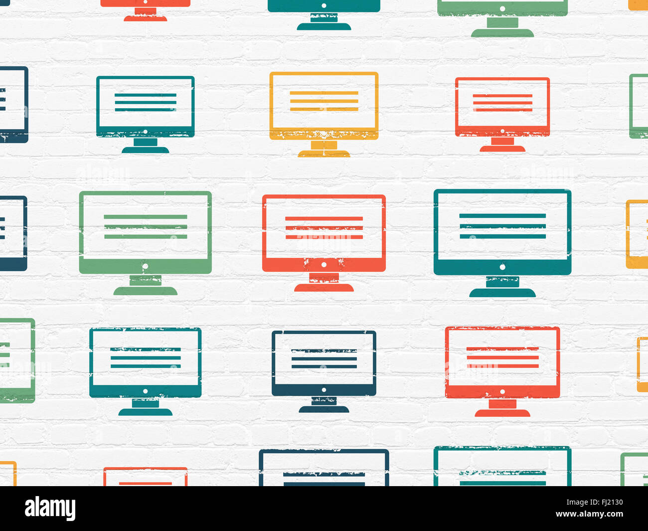 Database concept: Monitor icons on wall background Stock Photo - Alamy