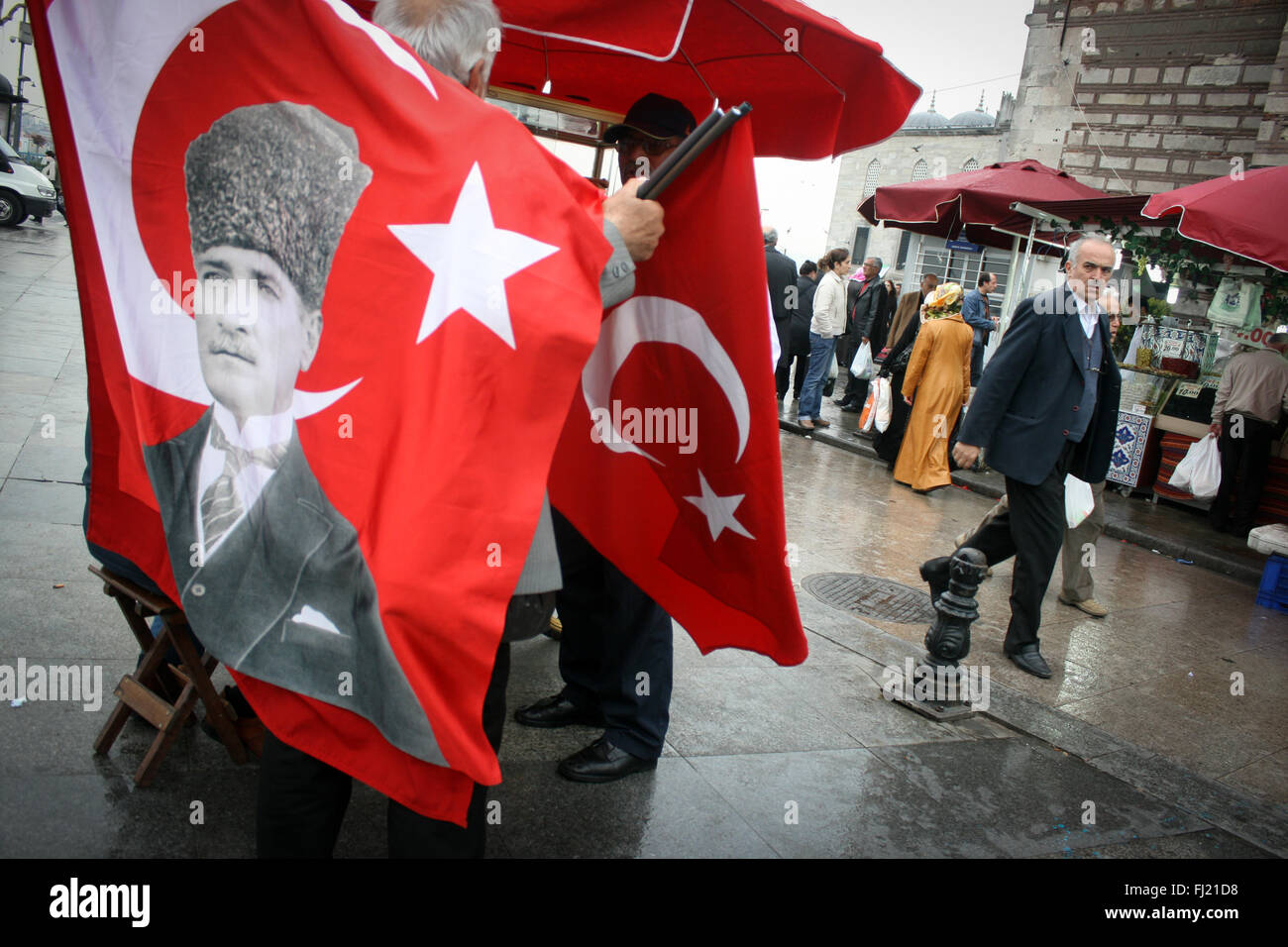 Mustafa Kemal Ataturk red flags for sale in a street of Istanbul , Turkey Stock Photo