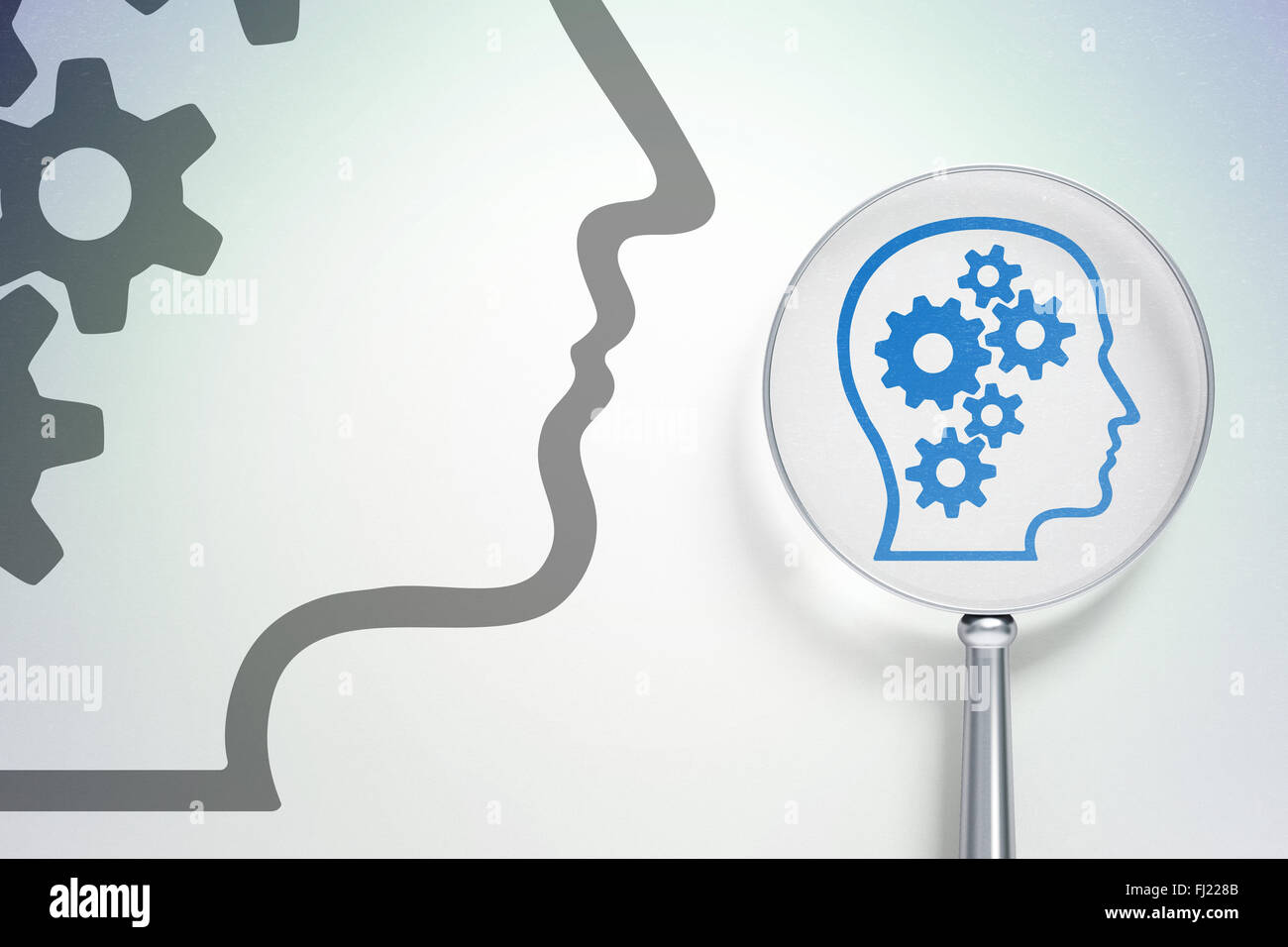 Marketing concept: magnifying optical glass with Head With Gears icon ...