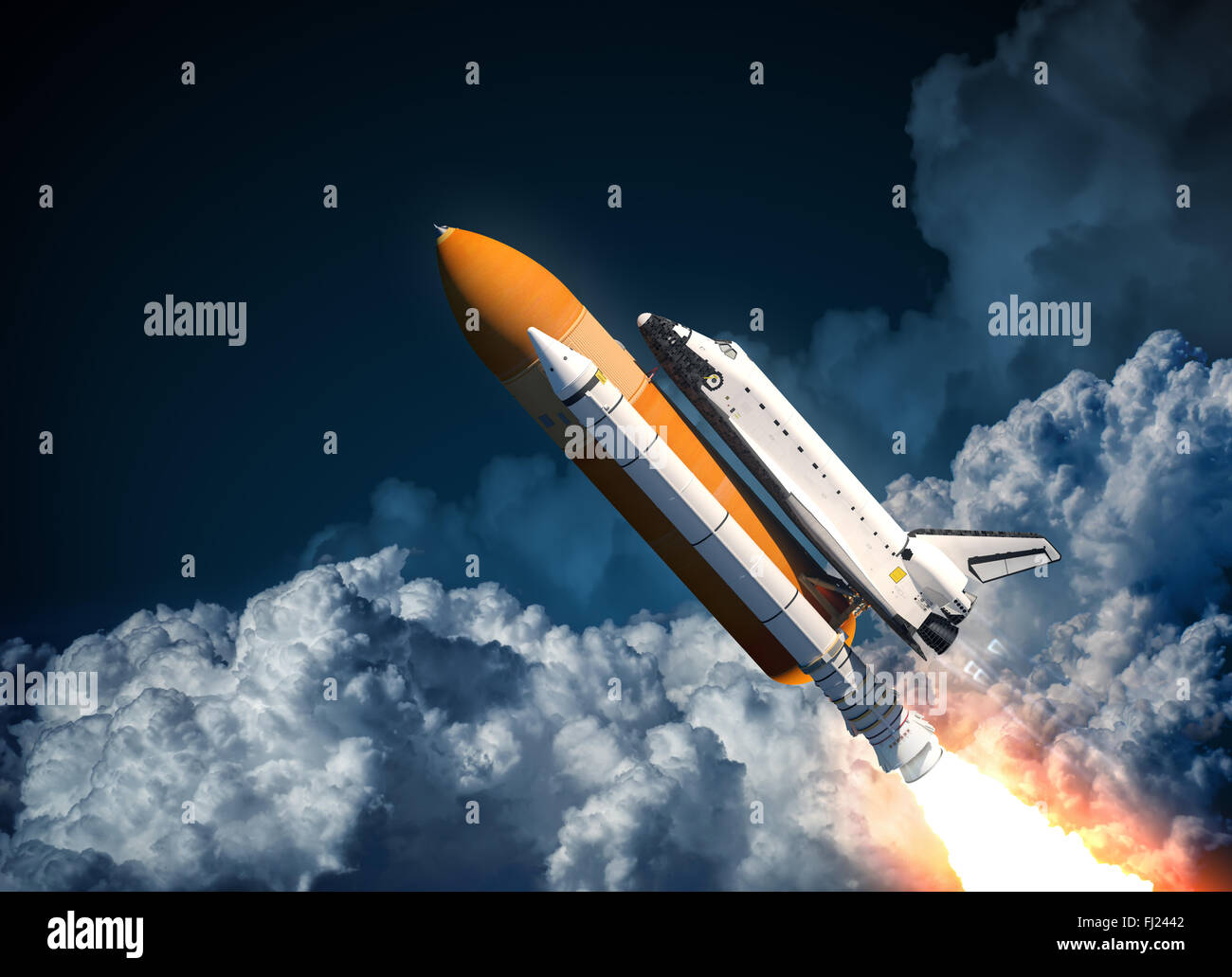 Space Shuttle Flying In The Clouds Stock Photo