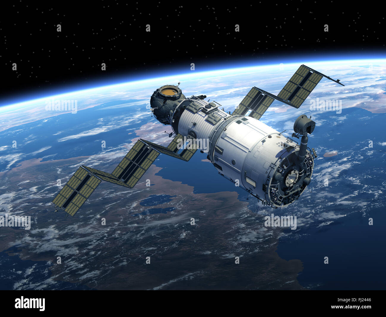 Space Station Deploys Solar Panels. 3D Scene. Stock Photo
