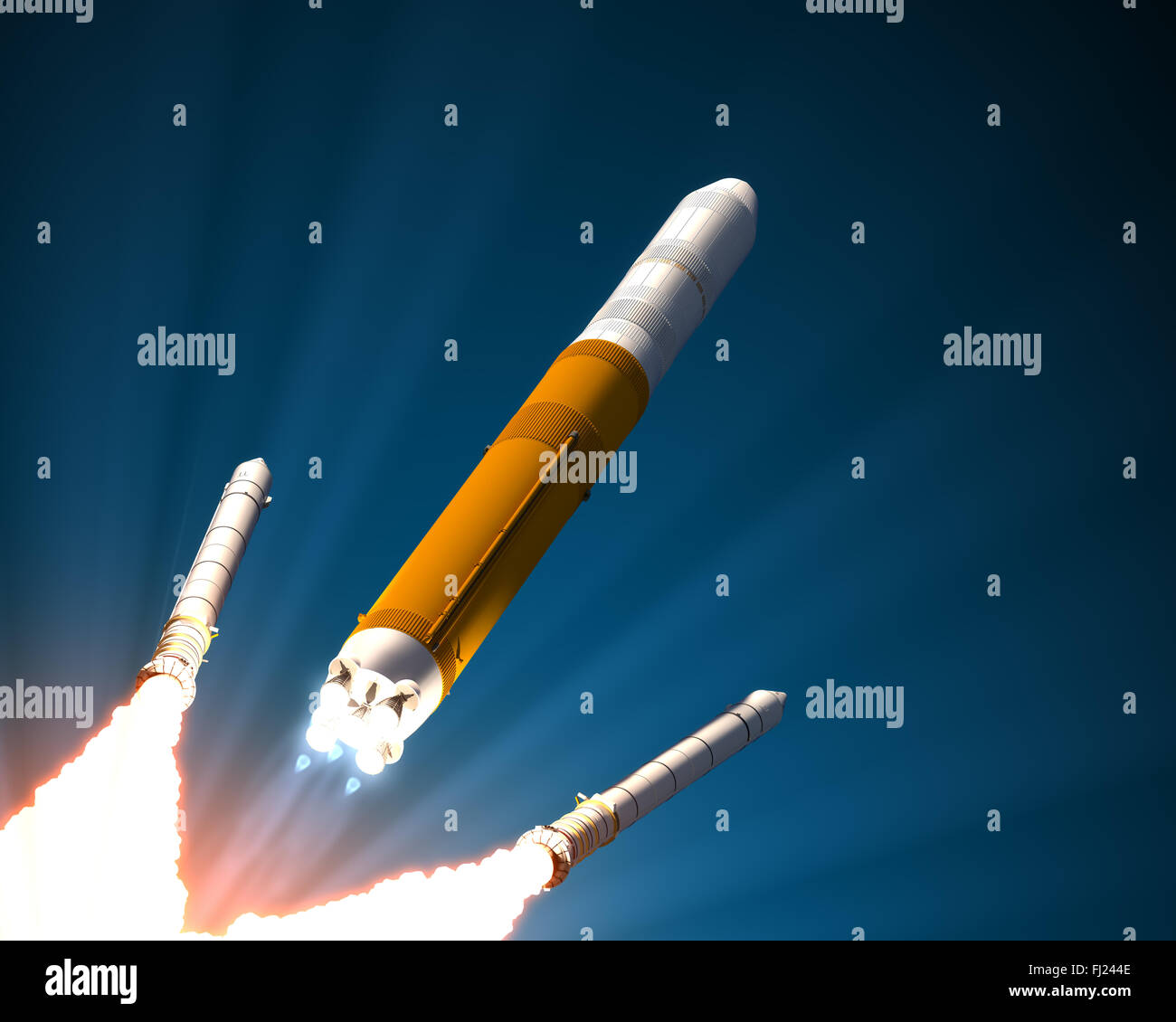 Solid Rocket Boosters Separation. Realistic 3D Scene. Stock Photo