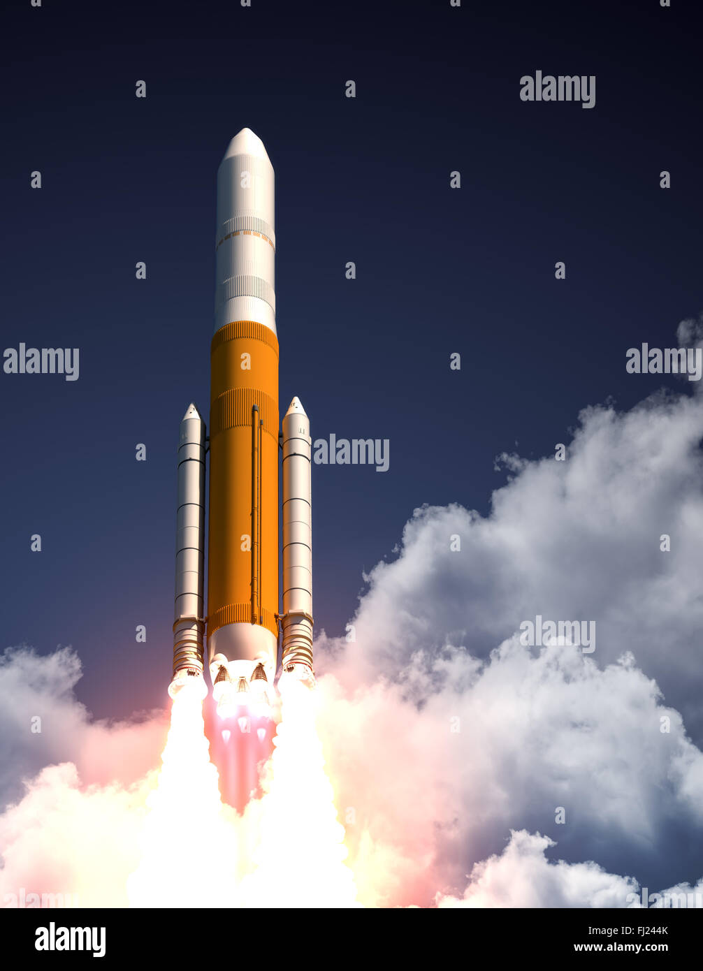 Heavy Carrier Rocket Take Off. 3D Scene. Stock Photo