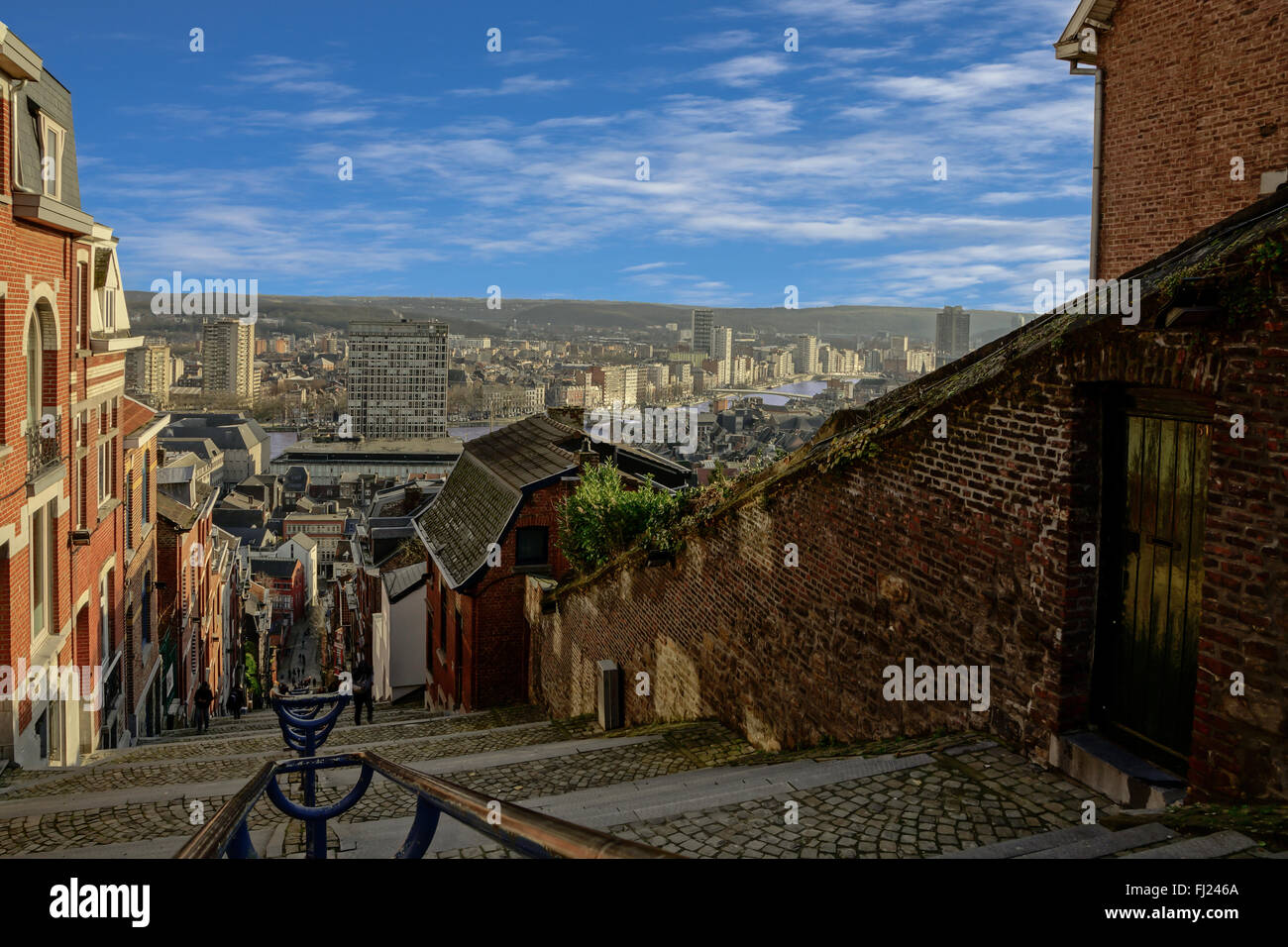 The skyline of the city Liége in belgium from the viewpoint on montagne de bueren. Stock Photo