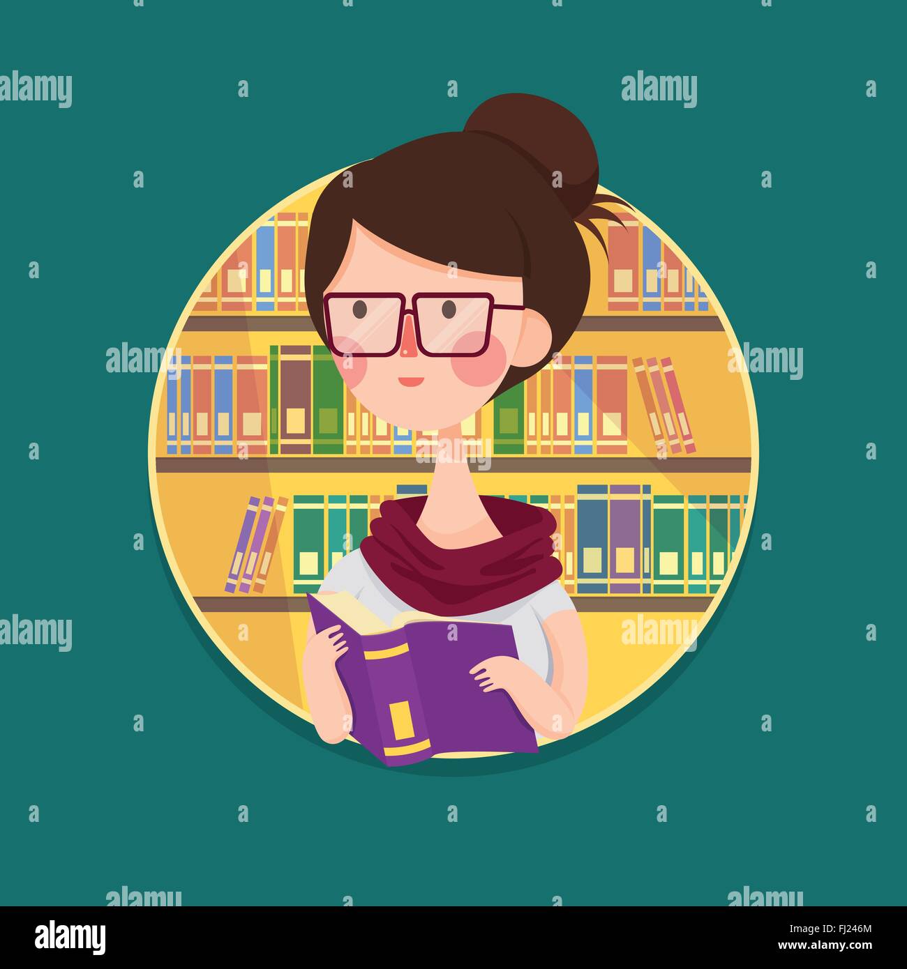 Vector Illustration of a College Girl Student Studying in Library, Cartoon Character Stock Vector