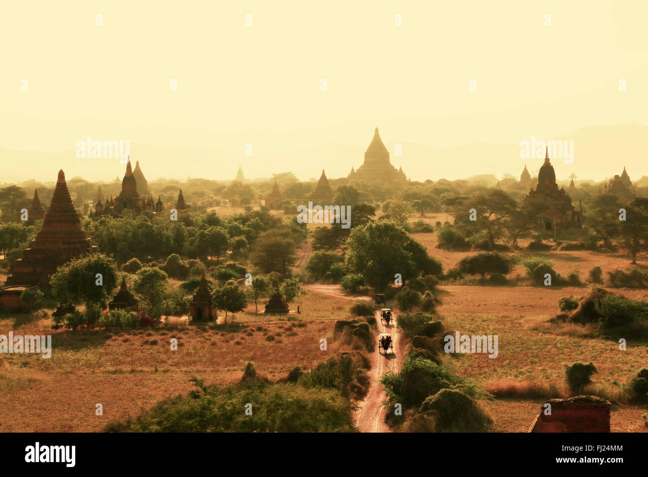 Panoramic view on Old bagan by sunset -  Myanmar Stock Photo