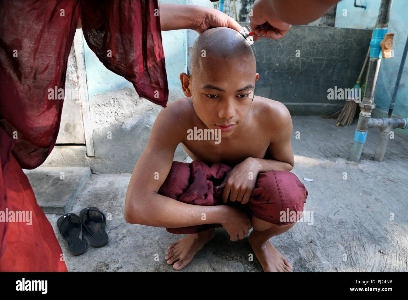 Buddhist monk being shaved at monastery in Amarapura, tonsure ritual ,  Myanmar Stock Photo