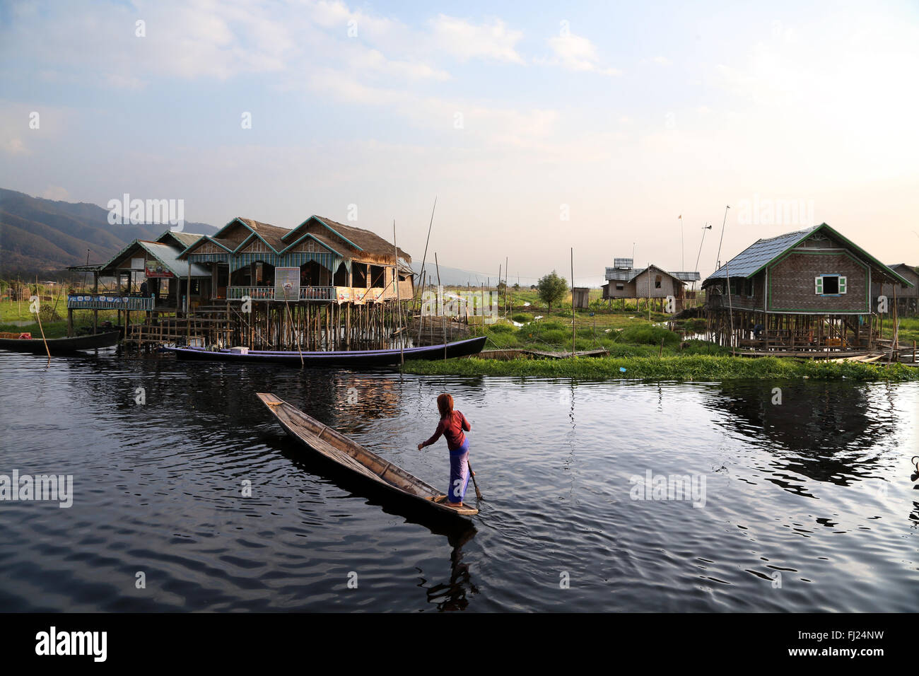 Landscape of Stilt house on Inle lake, Myanmar Stock Photo