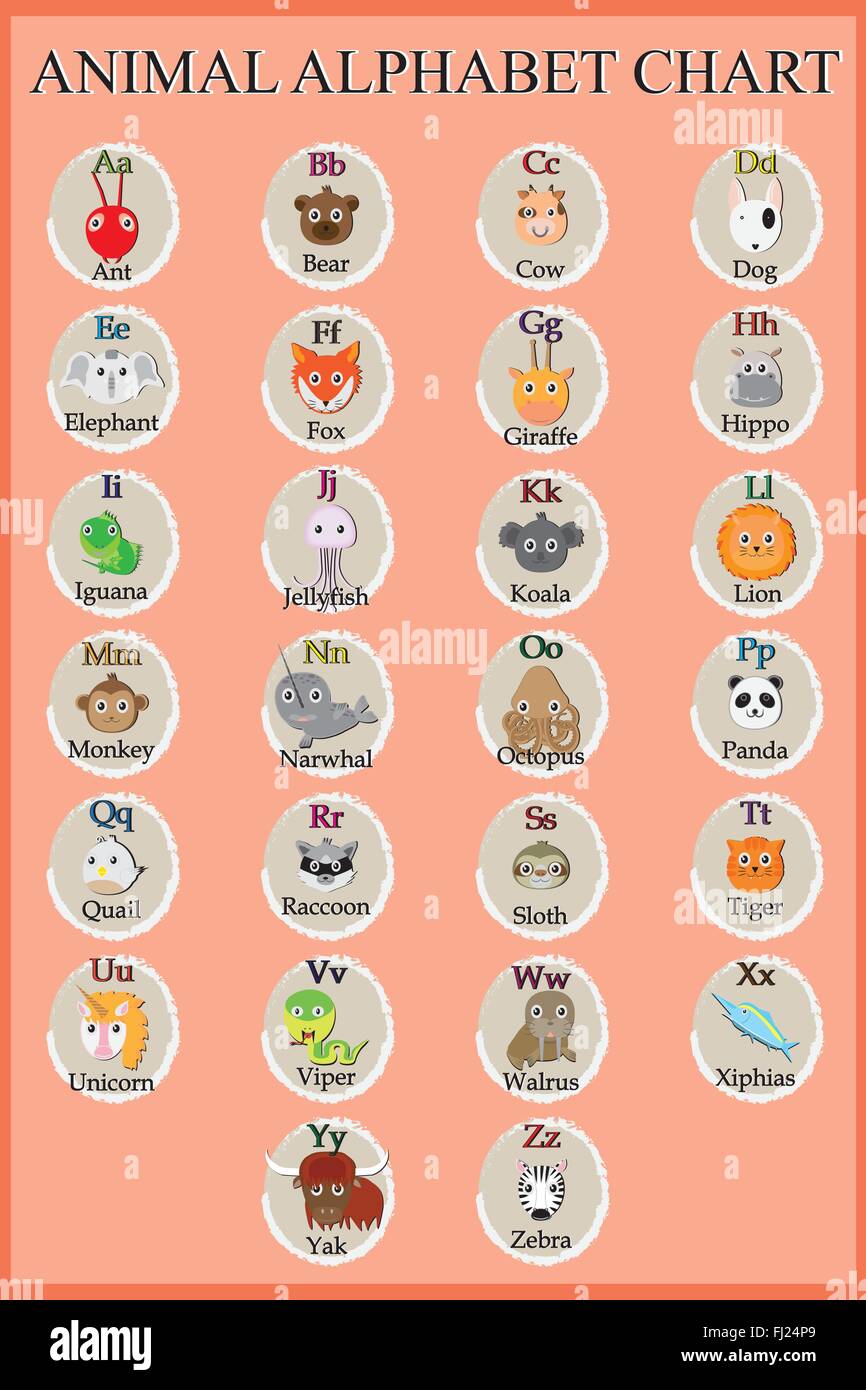 Cute animal alphabet. Funny cartoon character. A, B, C, D, E, F, G, H, I,  J, K, L, M, N, O, P, Q, R, S, T, U, V, W, X, Y, Z