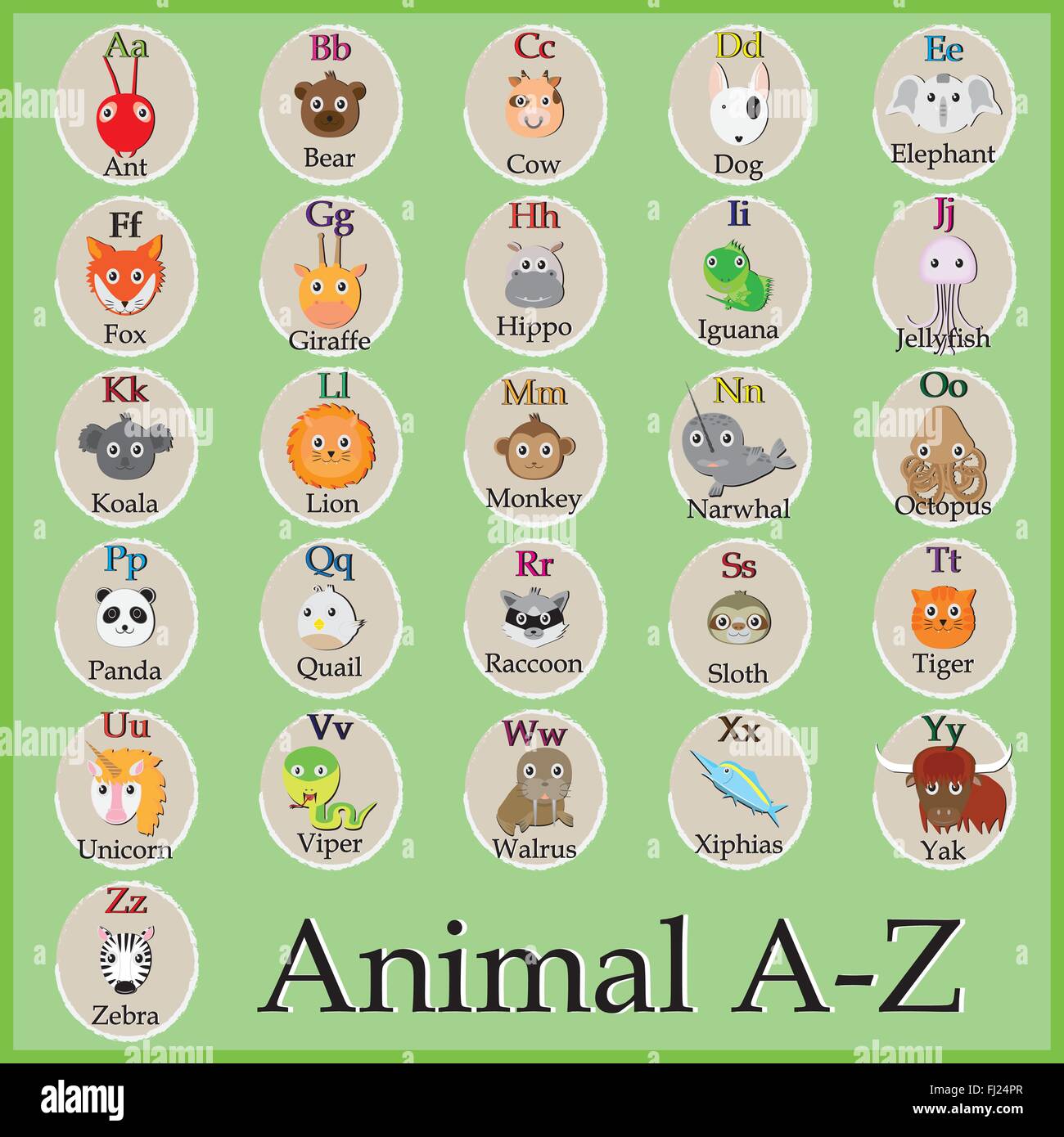 Cute animal alphabet. Funny cartoon character. A, B, C, D, E, F, G, H, I, J, K, L, M, N, O, P, Q, R, S, T, U, V, W, X, Y, Z Stock Vector