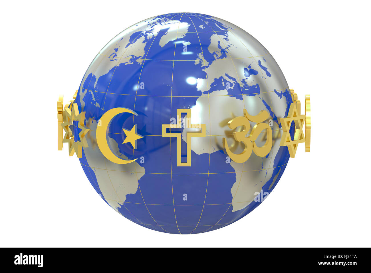 Globe with religions symbols  isolated on white background Stock Photo