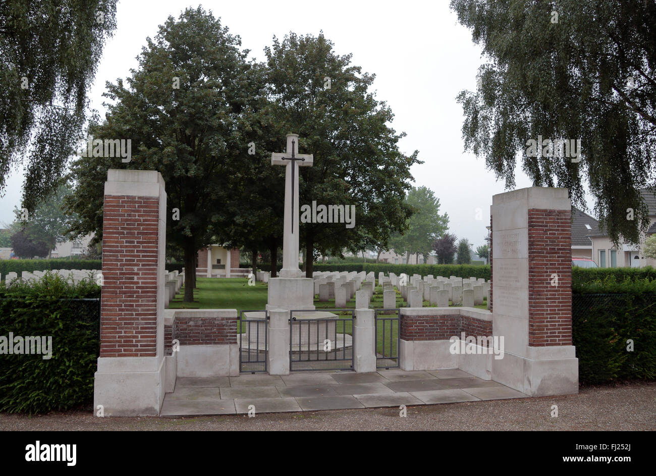 Entrance gates to the CWGC Nederweert War Cemetery, Nederweert, Limburg, Netherlands. Stock Photo