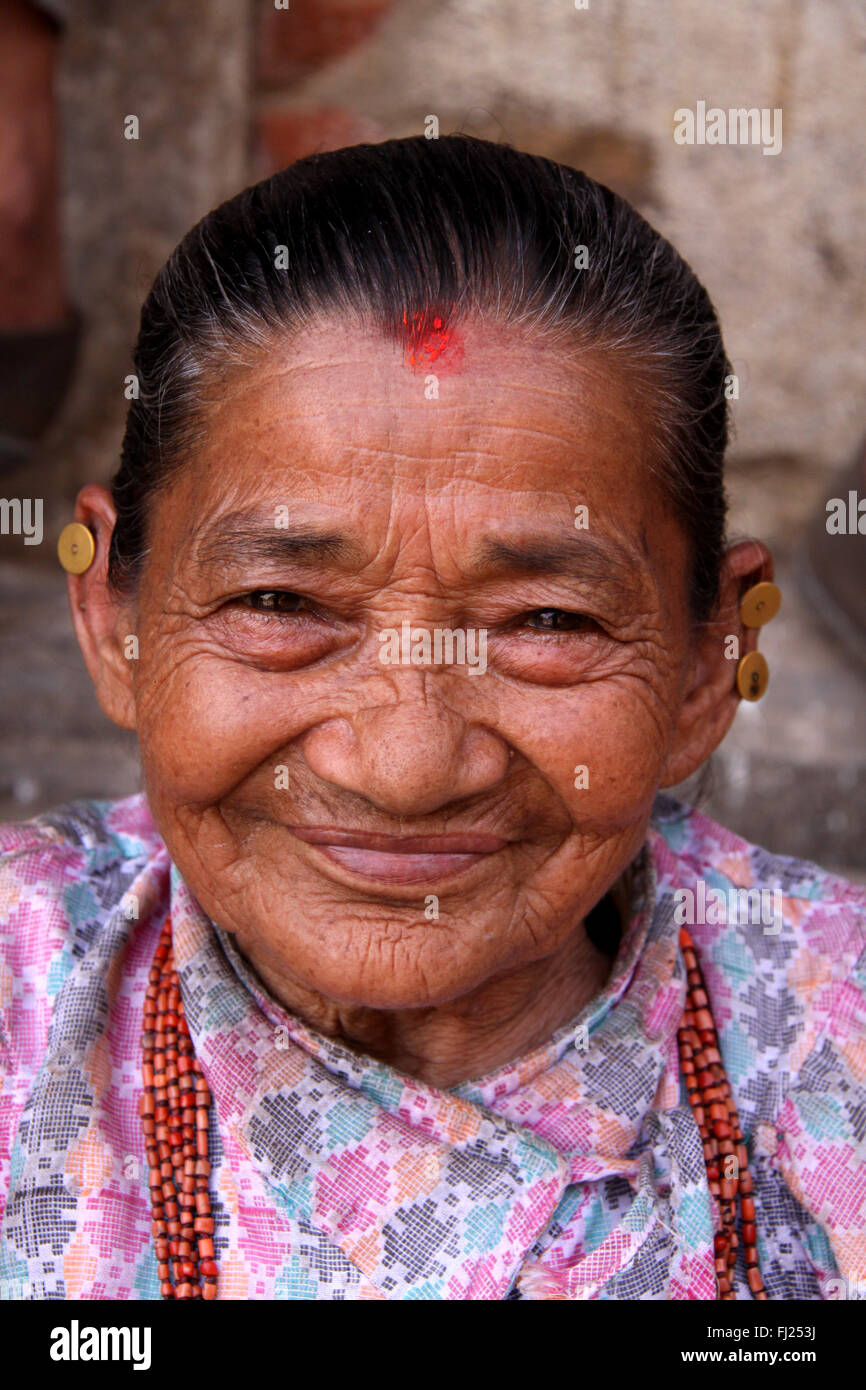 Portrait of old Nepalese Newar woman with tilak Stock Photo