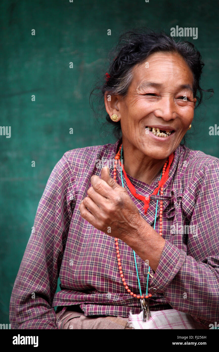 Portrait of Nepali Newar woman smiling laughing happy Stock Photo