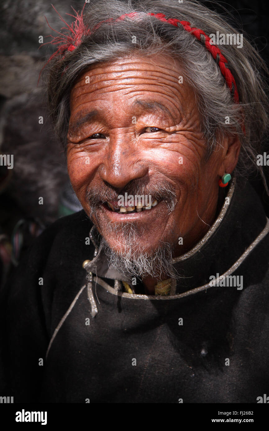 Portrait of Old Tibetan man in Lhasa, Tibet Stock Photo