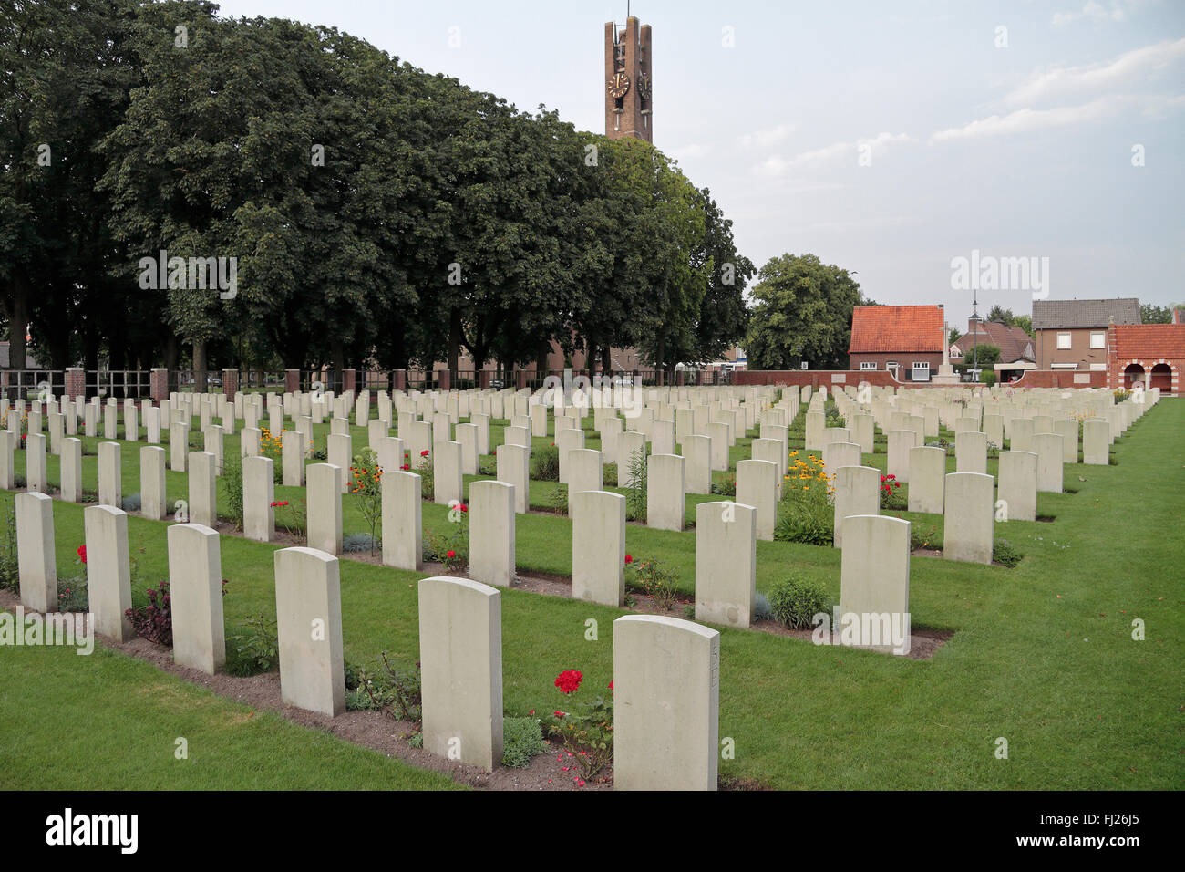 View across the headstones in the CWGC Uden War Cemetery, Uden, Noord-Brabant, Netherlands. Stock Photo