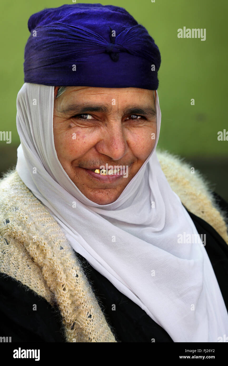 Portrait of Kurdish woman witl golden teeth  in Diyarbakir, Eastern Turkey Stock Photo