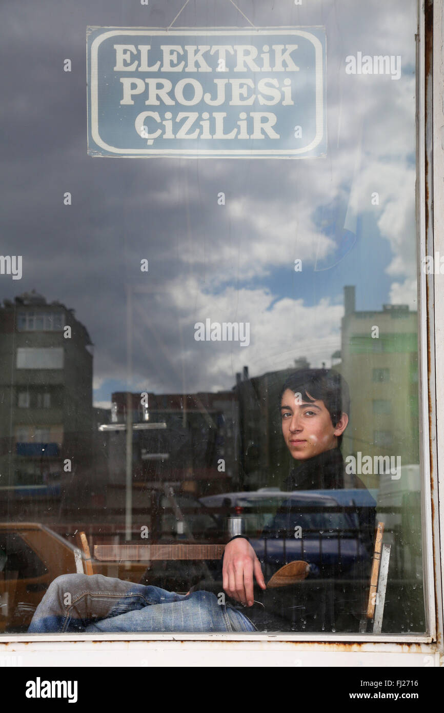 Young Kurdish man in café in Dogubayazit, Turkey Stock Photo