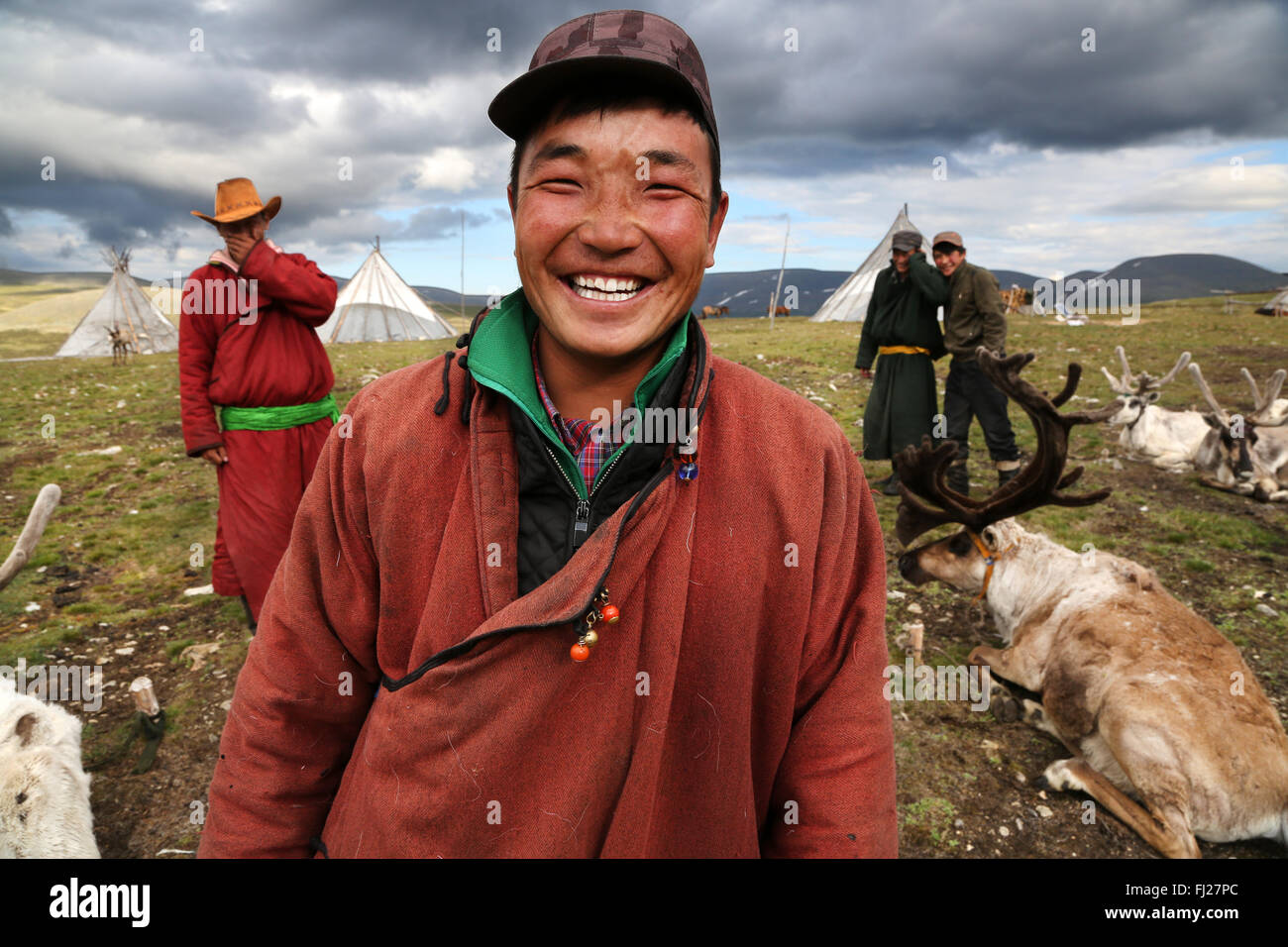 Group of Tsaatan men, , Tsaatan Dukha people , nomadic reindeer herders , Mongolia Stock Photo