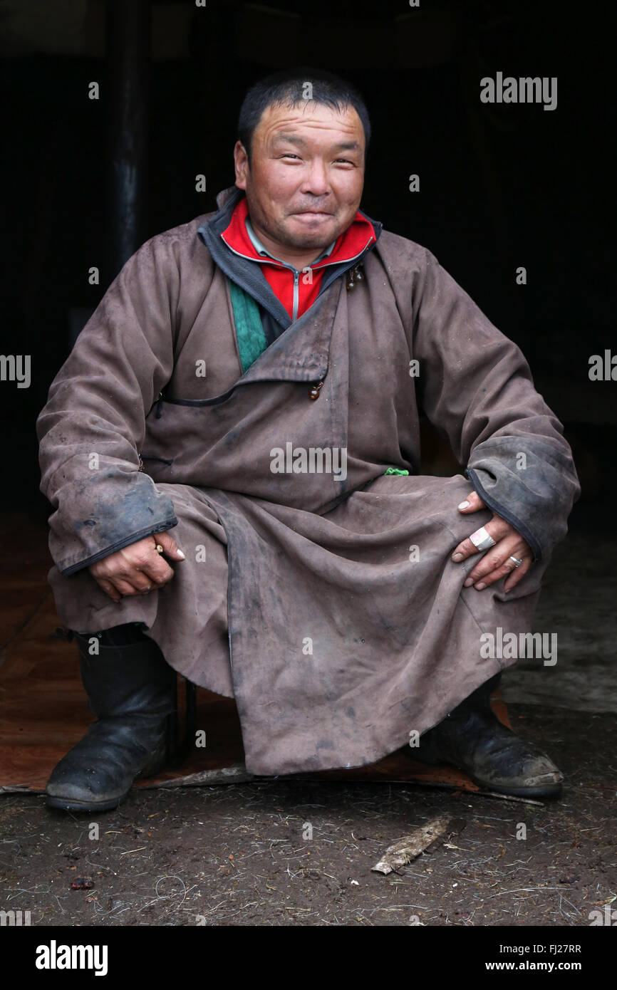 Man, , Tsaatan Dukha people , nomadic reindeer herders , Mongolia Stock Photo
