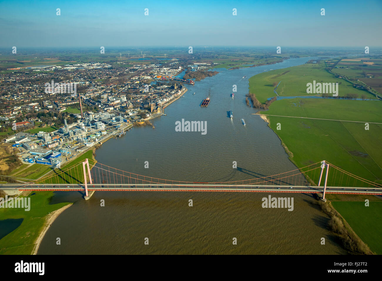 Aerial view, Rhine bridge of Emmerich federal highway B 220, span cable