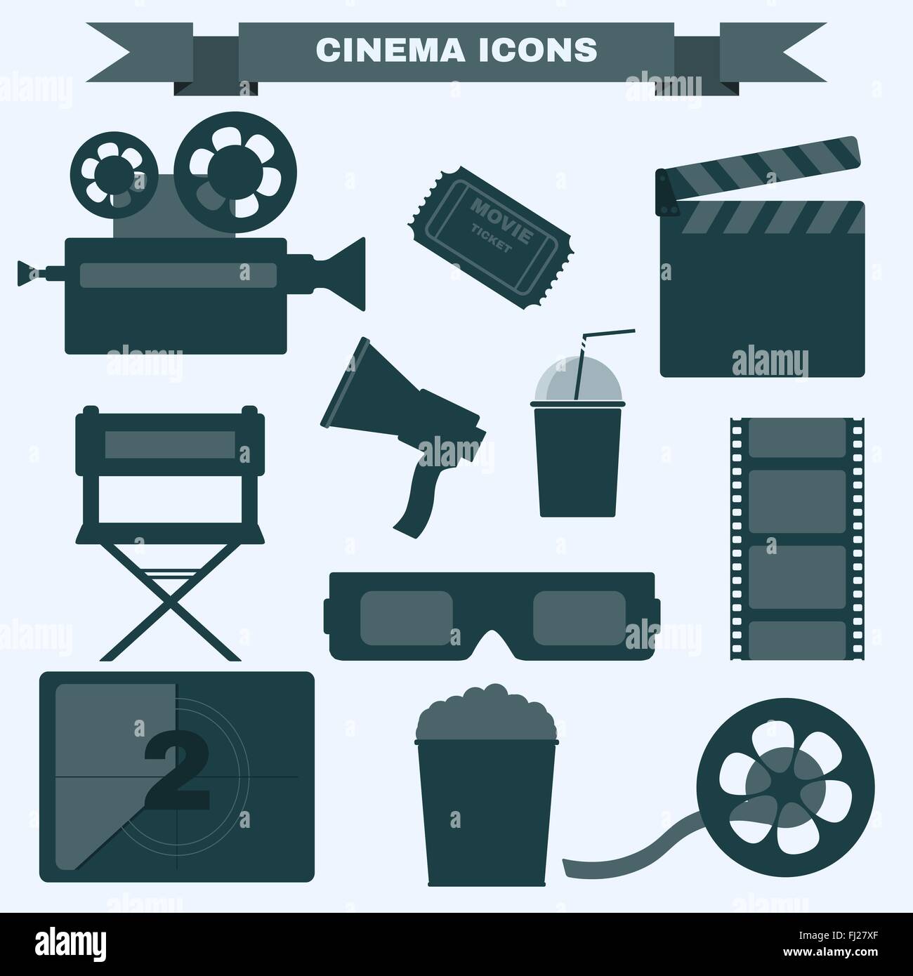 Cinema icon set. Making Movie. Camera, Movie  Ticket, Clapper board, Director's Seat, Loudhailer, Cocktail glass with tube. Stock Vector