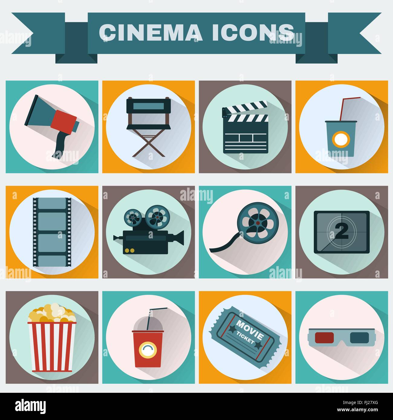 Cinema icon set. Making Movie. Camera, Movie  Ticket, Clapper board, Director's Seat, Loudhailer, Cocktail glass with tube. Stock Vector