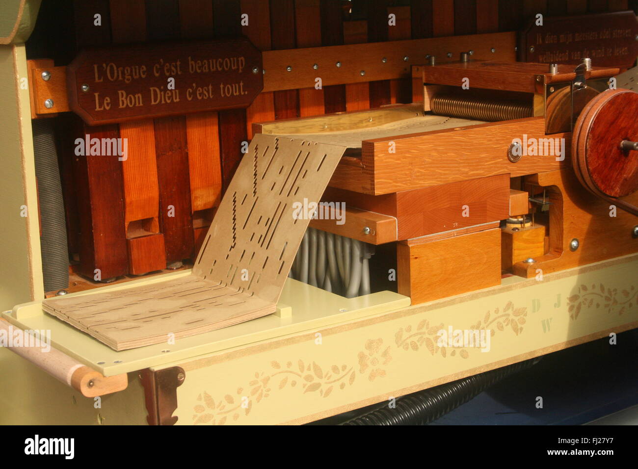 Detail of inner part of barrel organ with a barrel organ book Stock Photo Alamy