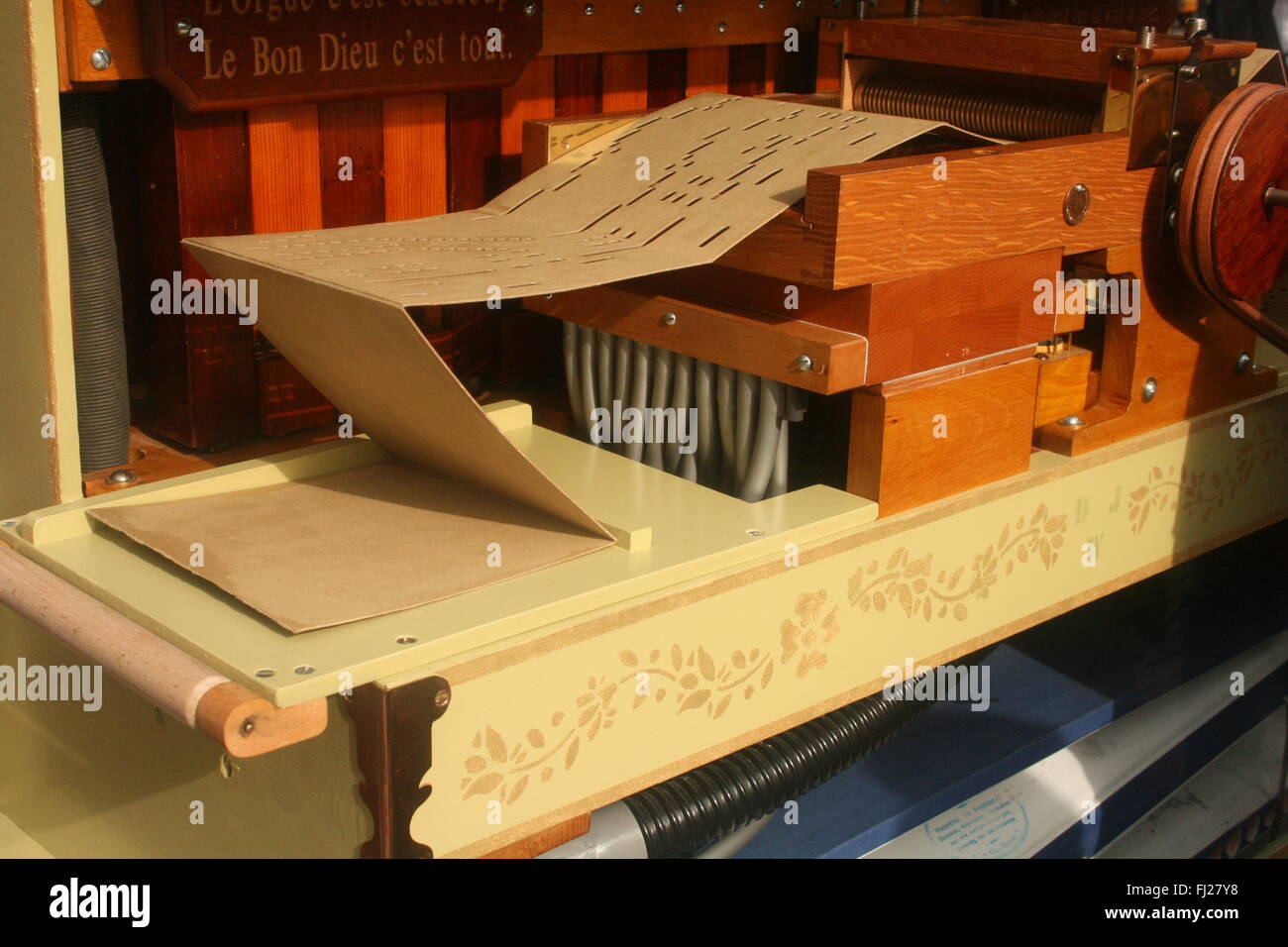 Detail of inner part of barrel organ with a barrel organ book Stock