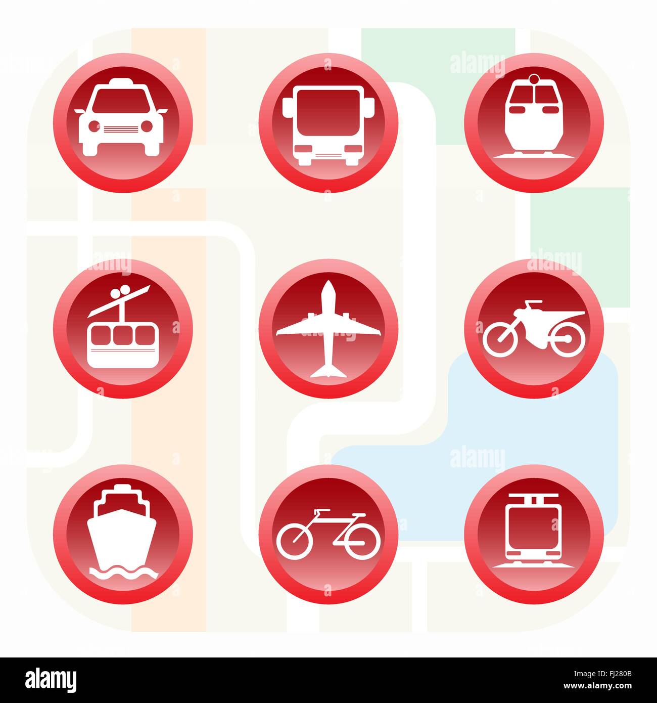 Transportation Big Icon Set. Car, Bus, Train, Cable way, Airplane, Motorcycle, Yacht, Bicycle, Cable Railway. Digital background Stock Vector