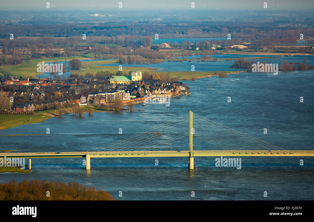Aerial view, Rhine Bridge federal highway 67 in Rees, cable-stayed bridge, view of Kalkar on the Rhine to the downtown Rees Stock Photo